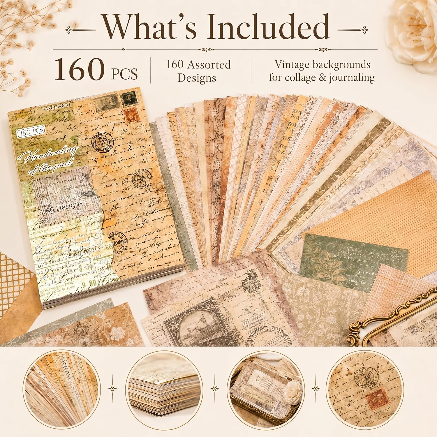160 Sheets Vintage Scrapbook Paper Pack, Lightweight Decorative Paper Unique Designs, Junk Journal Supplies fo - view 6