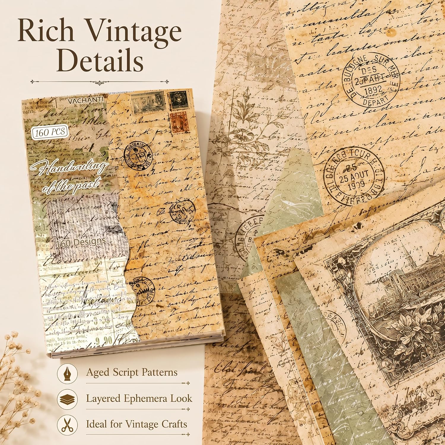 160 Sheets Vintage Scrapbook Paper Pack, Lightweight Decorative Paper Unique Designs, Junk Journal Supplies fo - view 2