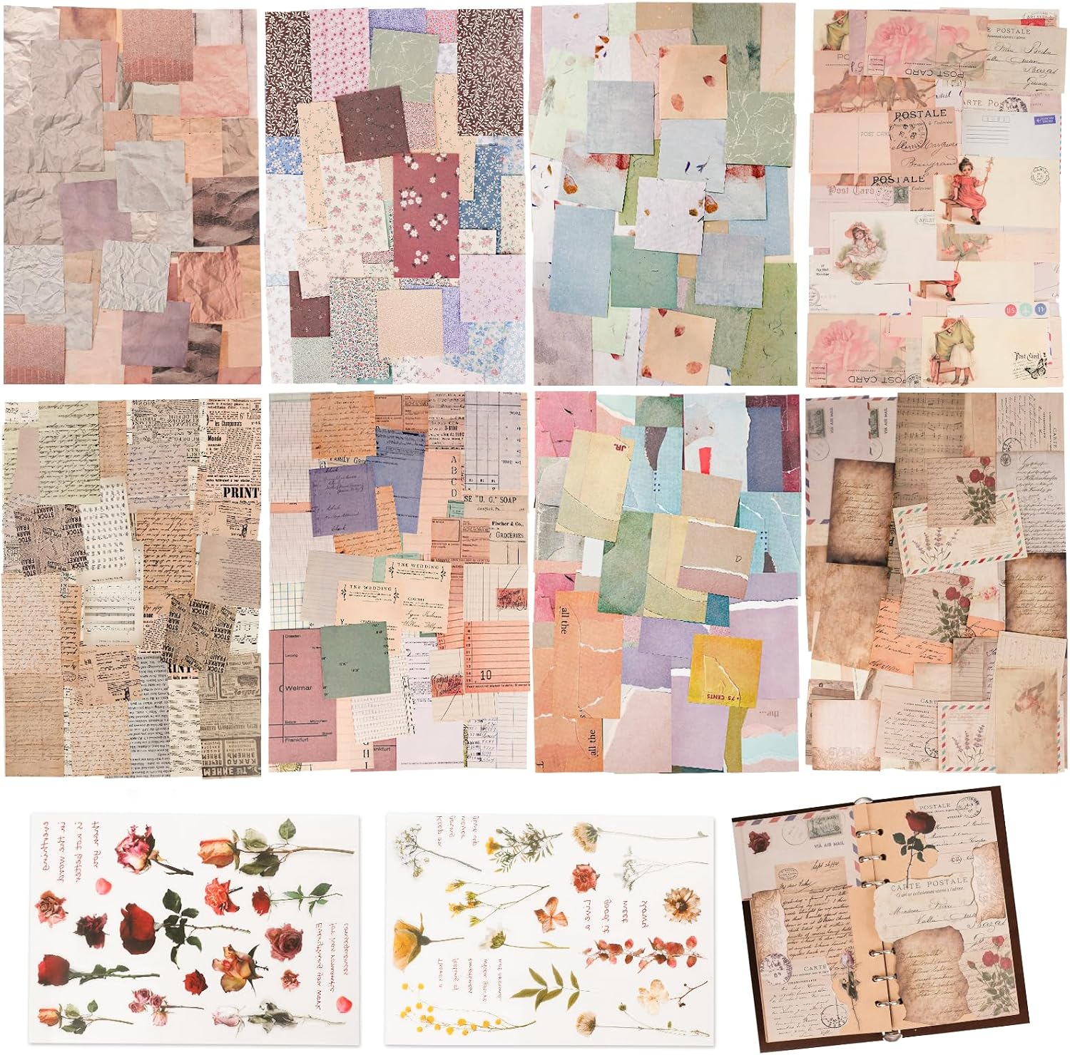 517 Pcs Vintage Scrapbook Paper,Scrapbook Supplies Stickers,Journaling Supplies Include 37 Pcs Flowers Sticker