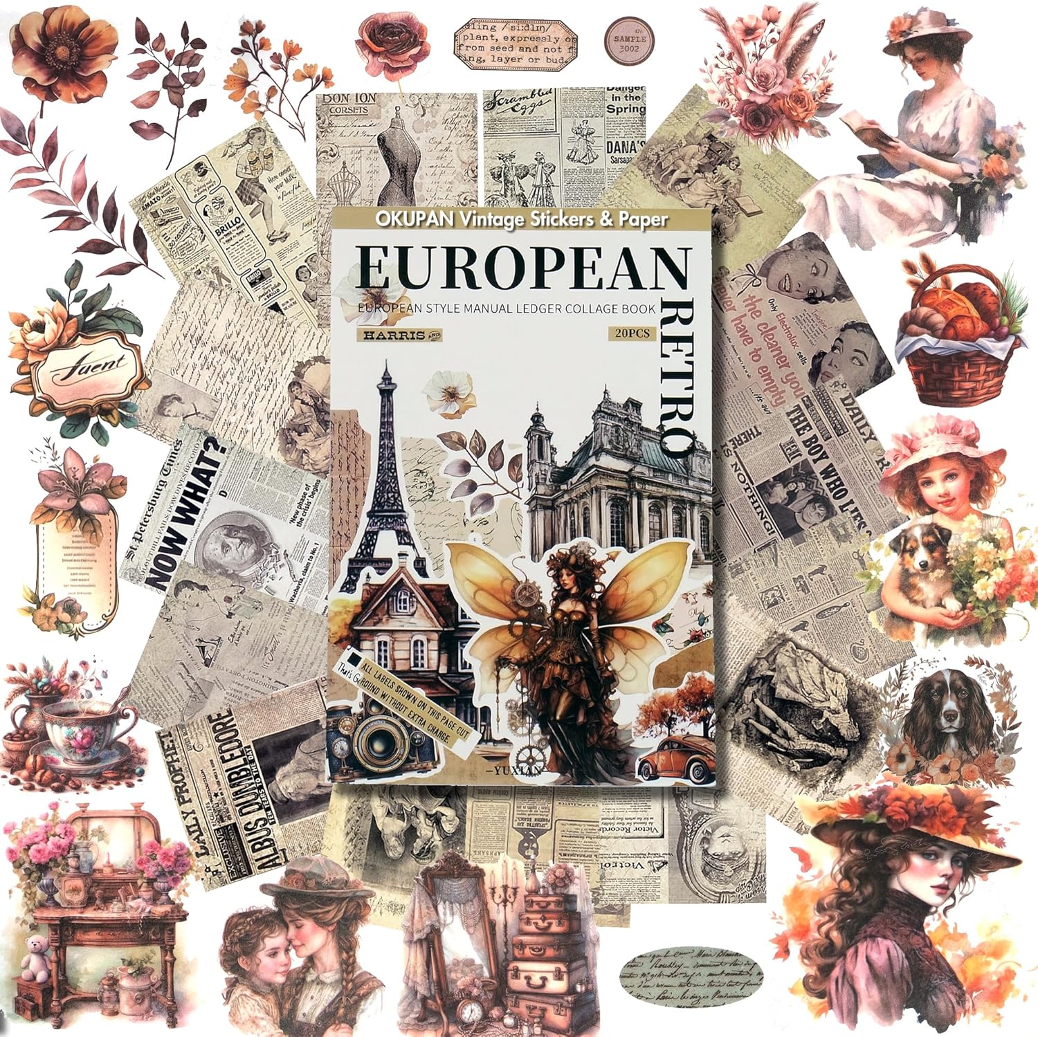 OKUPAN Vintage Floral Scrapbook Paper & Journaling Stickers, 400pcs | 4 Pack Assorted Set, Junk Journal Scrapb - view 13