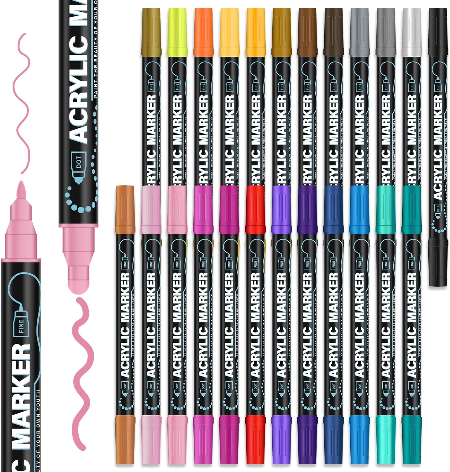 REALZEVA Acrylic Paint Markers, 24 Colors Dual Tip Acrylic Paint Pens for Rock Painting, Fabric, Wood, Canvas,